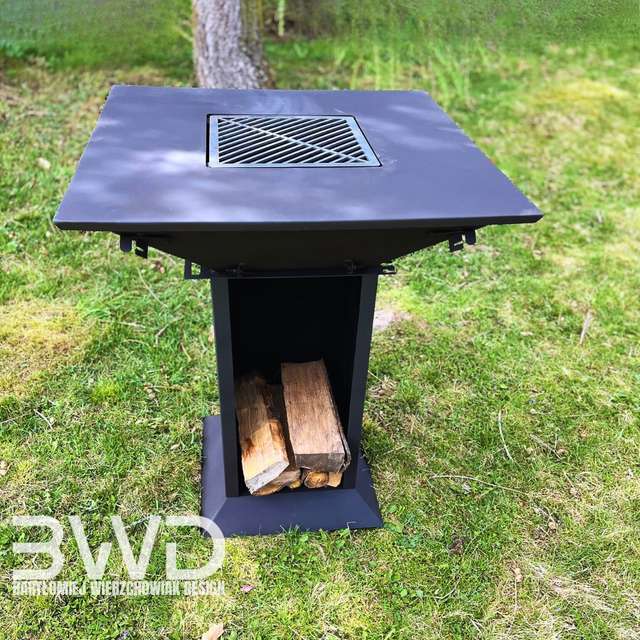 Ogrodowy grill ze stali z kwadratowym blatem i schowkiem na drewno