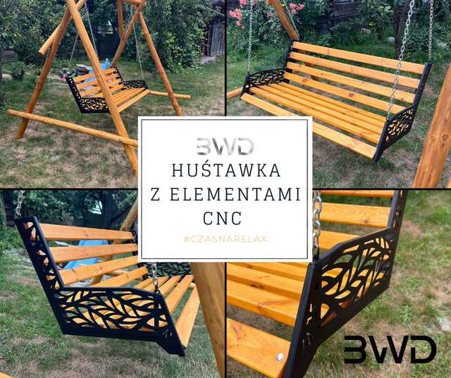 Huśtawka ogrodowa z drewnianym siedziskiem i stalowymi bokami CNC