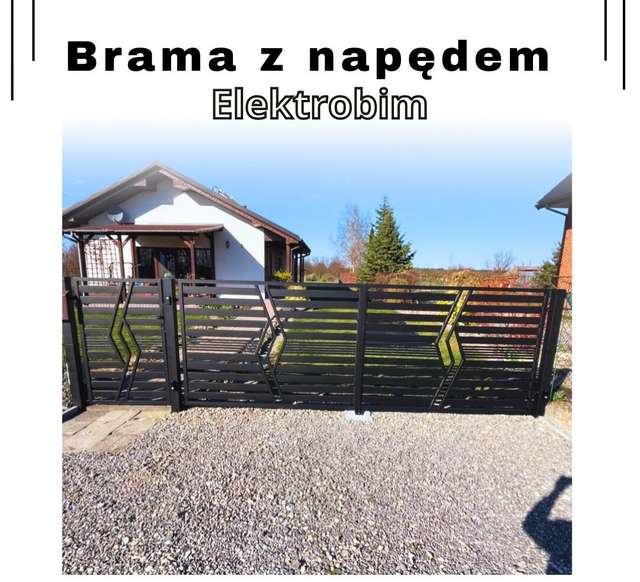 Brama stalowa z napędem elektrycznym przy wjeździe na posesję