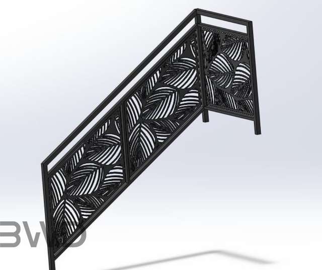 Projekt stalowej balustrady schodowej z panelem CNC w motyw liści